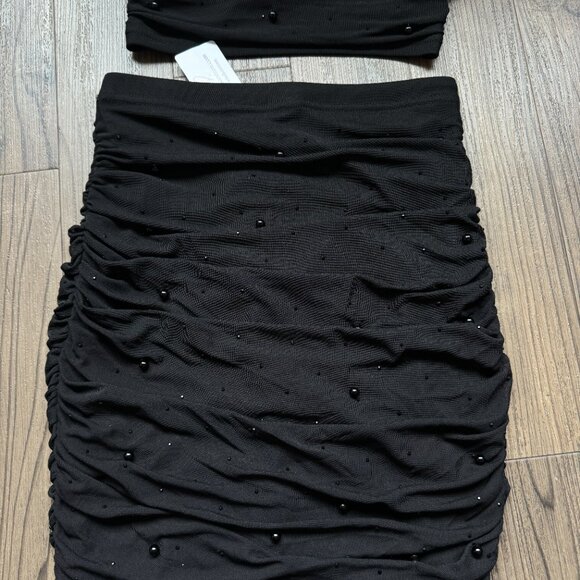 WINDSOR BLACK EMBELLISHED PEARL RUCHED MESH MIDI SKIRT CO-ORD SET - SMALL - Picture 7 of 12